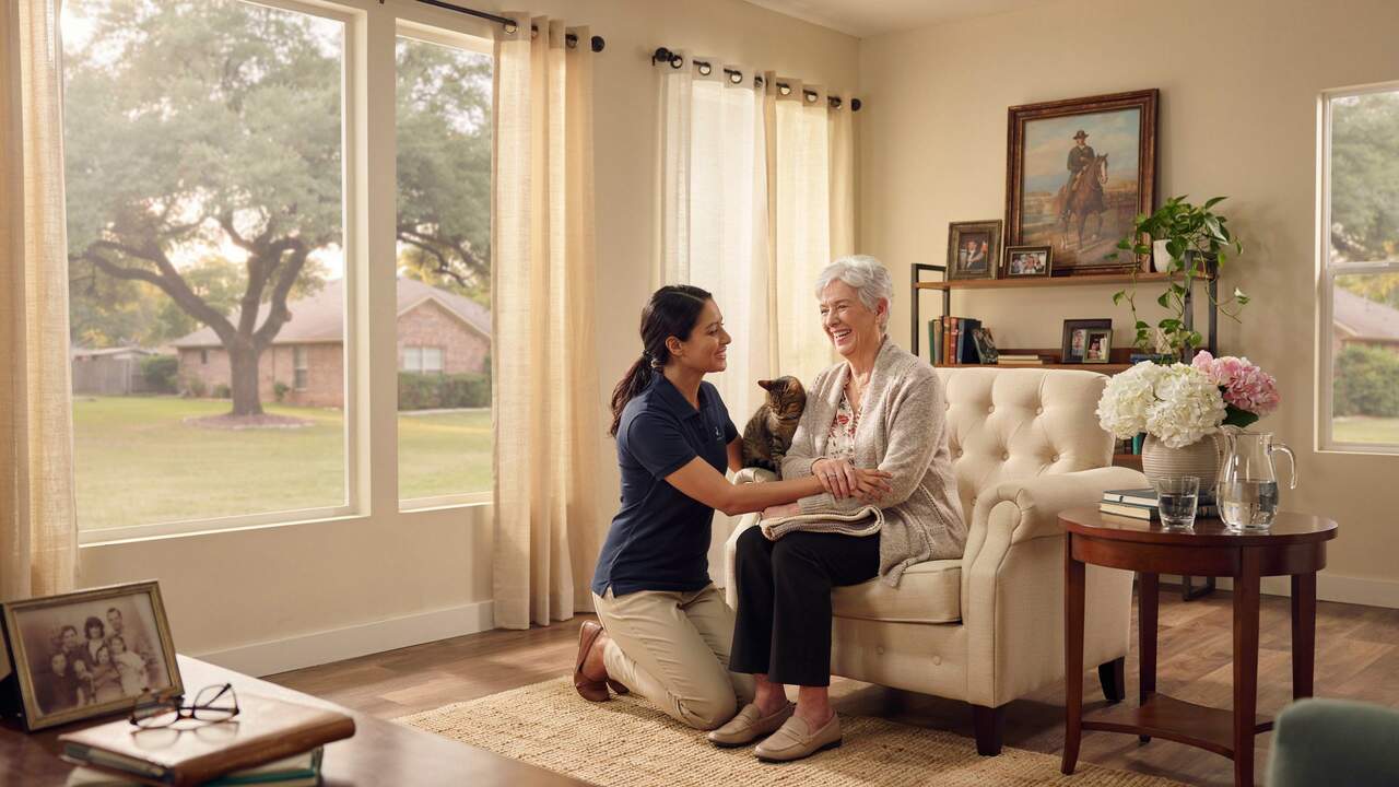 Compassionate caregiver with elderly resident in assisted living home in Midlothian TX