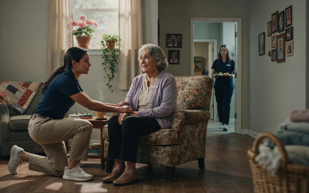 Caregiver assisting elderly resident at Grand Homes Senior Living assisted living in Waxahachie TX